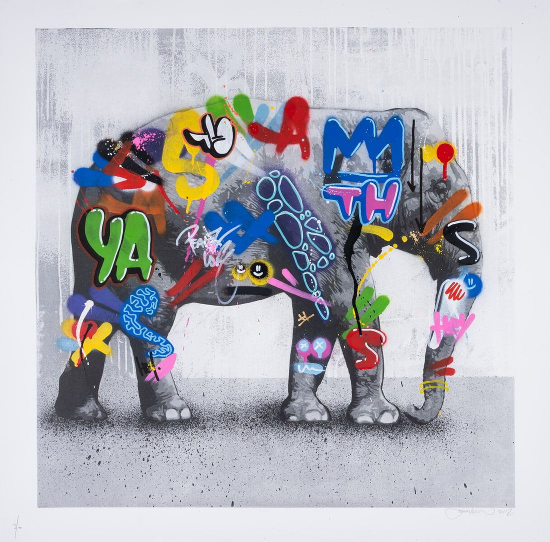 Martin Whatson (b.1984) Elephant: Martin Whatson (b.1984)ElephantEtching printed in colours extensively hand-finished, 2022, signed and dated in pencil, numbered from the edition of 100, published by Graffiti Prints, London, and with