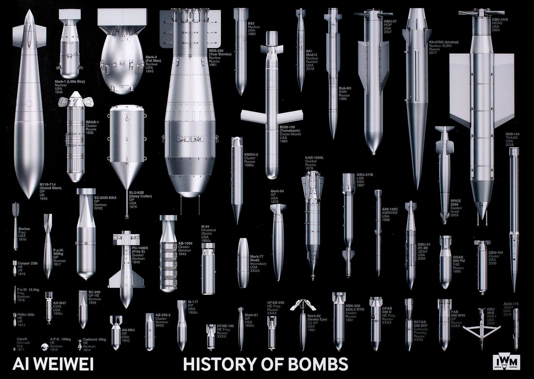 Ai Weiwei (b.1957) History of Bombs: Ai Weiwei (b.1957)History of BombsOffset lithograph printed in colours, 2020, from the edition of 1000, published by Imperial War Museum, London, with the accompanying certificate of authenticity, the