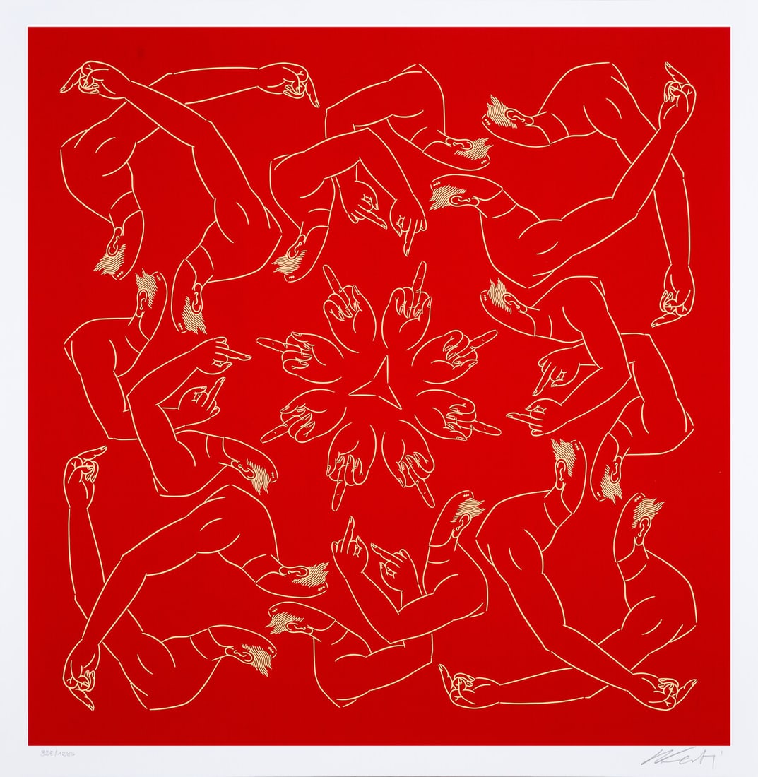 Ai Weiwei (b.1957) Middle Finger in Red: Ai Weiwei (b.1957)Middle Finger in RedScreenprint in colours, 2023, signed in pencil, numbered from the edition of 1285, published by Avant Arte, Amsterdam, with the accompanying certificate of authen