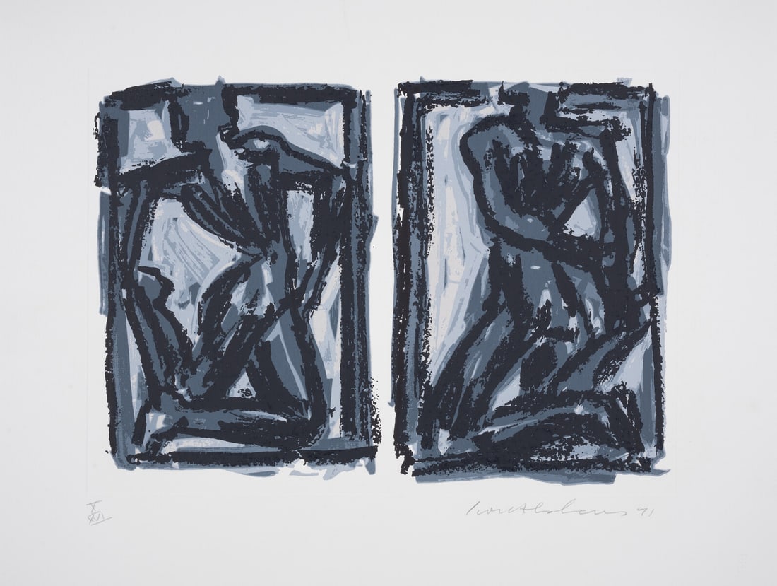 Ivor Abrahams (1935-2015) Two Figures Two Movements, from Chelsea Arts Club Centenary Portfolio 1991: Ivor Abrahams (1935-2015)Two Figures Two Movements, from Chelsea Arts Club Centenary Portfolio 1991Screenprint in colours with embossing, 1991, signed in pencil, an artist's proof aside from the editi
