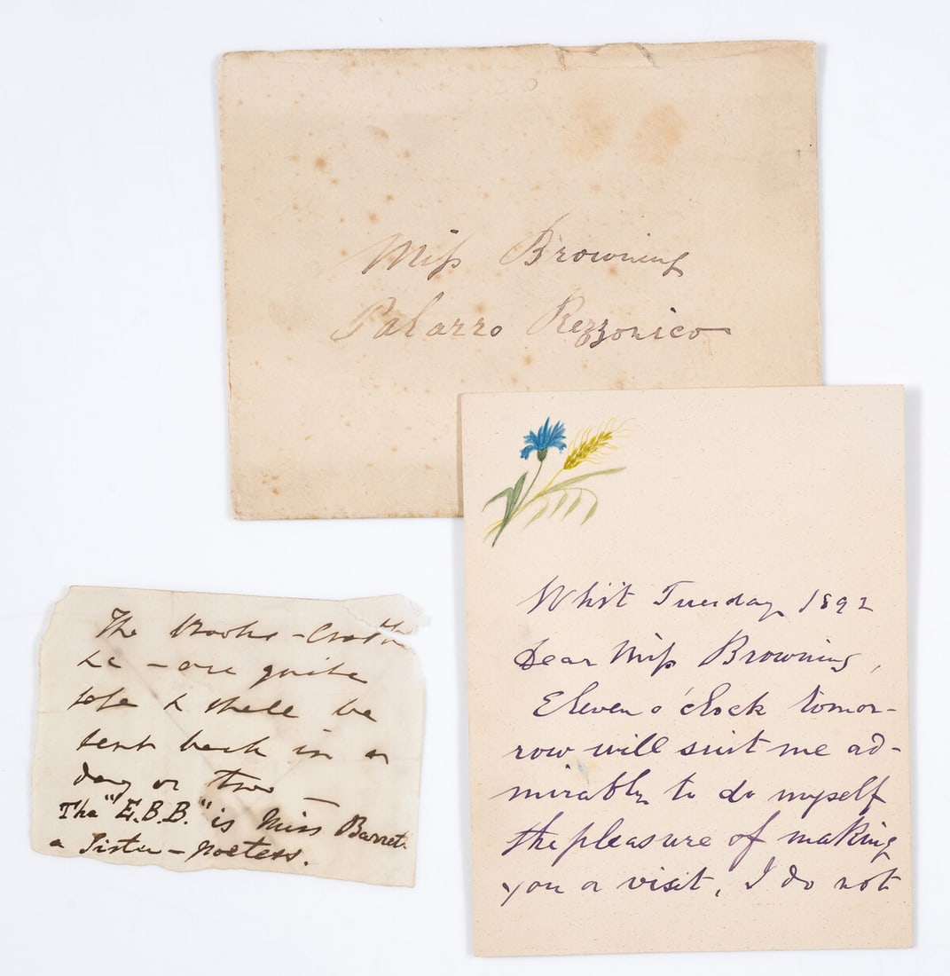 Browning (Elizabeth Barrett) Fragment of an autograph draft letter or note initialled "EBB", n.d.: Browning (Elizabeth Barrett, poet and writer, 1806-61) Fragment of an autograph draft of a letter or note initialled "EBB", crossed through, small tear in corner, inscribed on verso by ?Mereweather: "