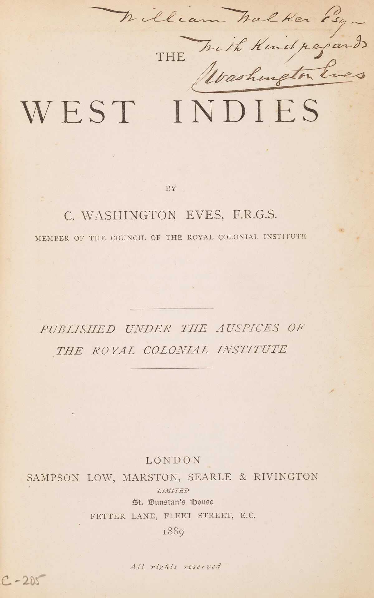 West Indies.- Washington Eves (C.) The West Indies, first edition, inscribed by author, 1889. (1 of 1)