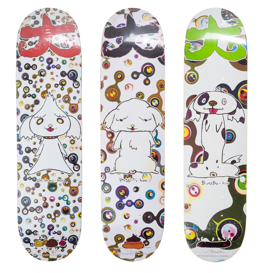 Takashi Murakami (b.1962) BunBu-Kun; Ponchi-Kun; Shimon-Kun (Set of three Supreme Skate decks) (1 of 1)