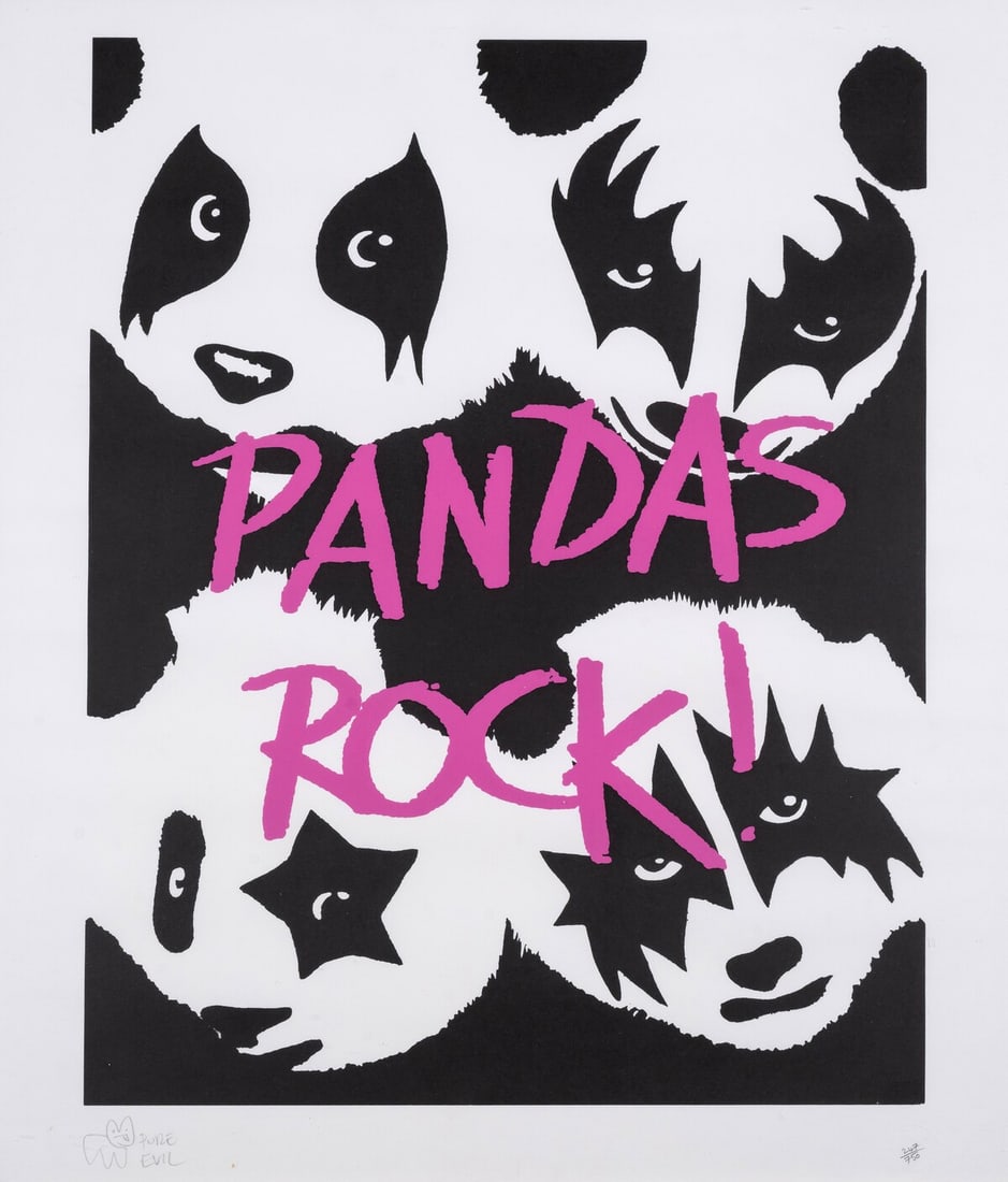 Pure Evil (b.1968) Pandas Rock!: Pure Evil (b.1968)Pandas Rock!Screenprint in colours, 2007, signed in pencil, numbered from the edition of 750, printed and published by Pictures on Walls, London, with their blindstamp, on wove paper
