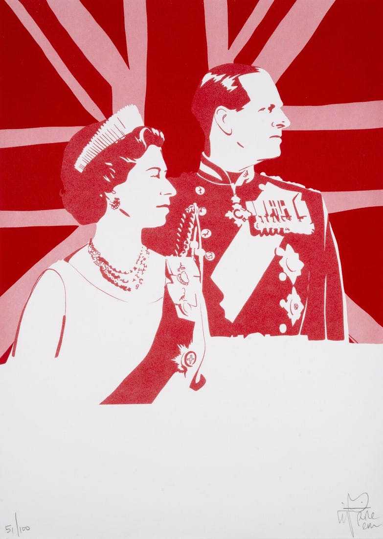 Pure Evil (b.1968) Queen and Country (Red): Pure Evil (b.1968)Queen and Country (Red)Screenprint in colours, 2024, signed in pencil, numbered from the edition of 100, on wove paper, the full sheet printed to the margins, sheet 499 x 349mm (19 5