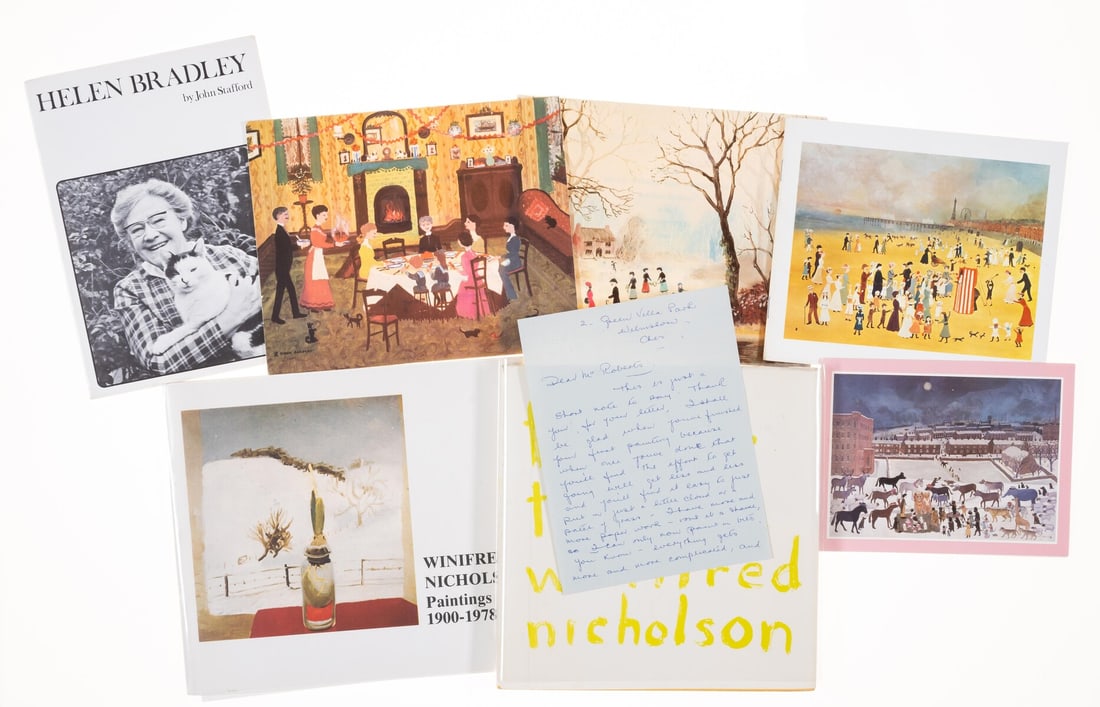 Modern British Art.- Bradley (Helen) Helen Bradley: New Paintings of a Lancashire childhood, Mercury: Modern British Art.- Bradley (Helen) Helen Bradley: New Paintings of a Lancashire childhood, Mercury Gallery, 1971; and 7 others including signed Christmas cards and a 2pp. A.L.s. to Mr. [Owen?] Rober