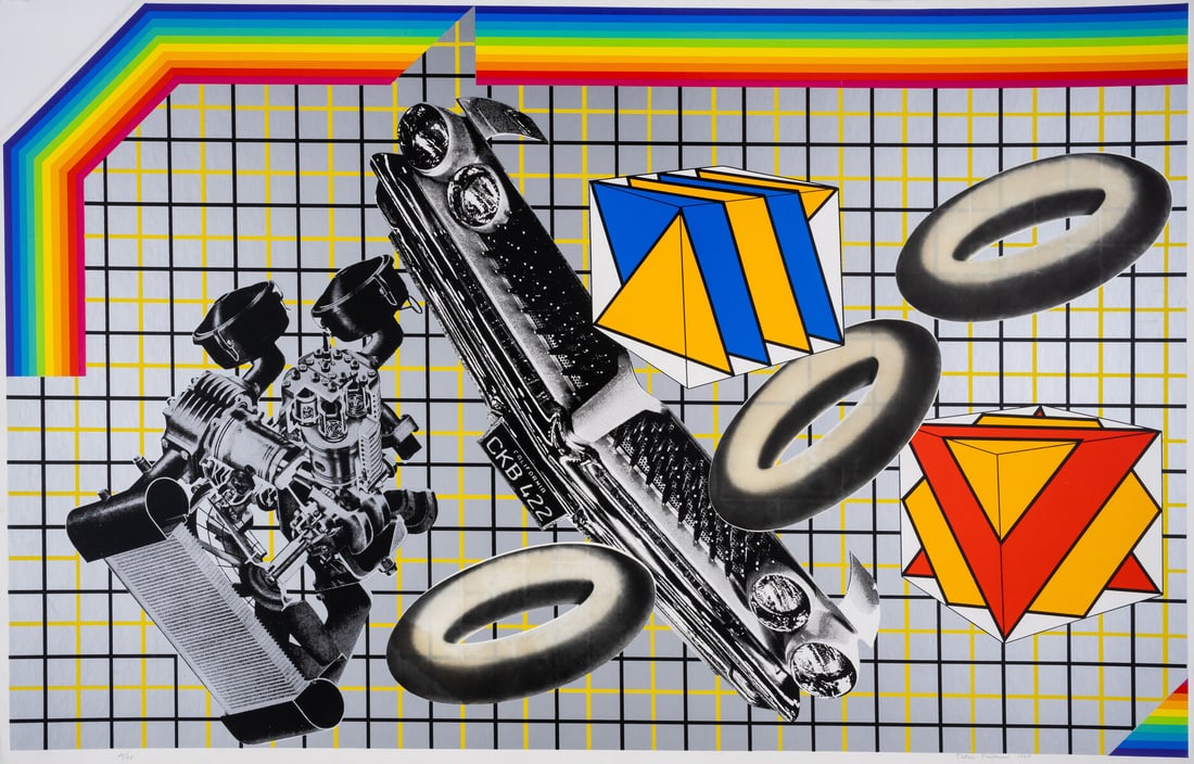 Peter Phillips (b.1939) Pneumatics: Peter Phillips (b.1939)PneumaticsThe portfolio, 1968, comprising eight screenprints in colour with collage on shaped cardboard, each signed and dated in pencil, numbered from the edition of 75, printe