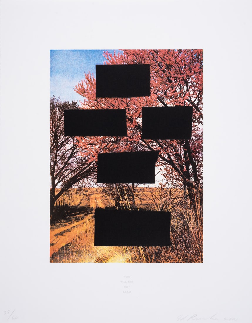 Ed Ruscha (b.1937) You Will Eat Hot Lead, from Country Cityscapes: Ed Ruscha (b.1937)You Will Eat Hot Lead, from Country CityscapesPhotogravure printed in colours with screenprinted text, 2001, signed and dated in pencil, numbered from the edition of 60, printed and
