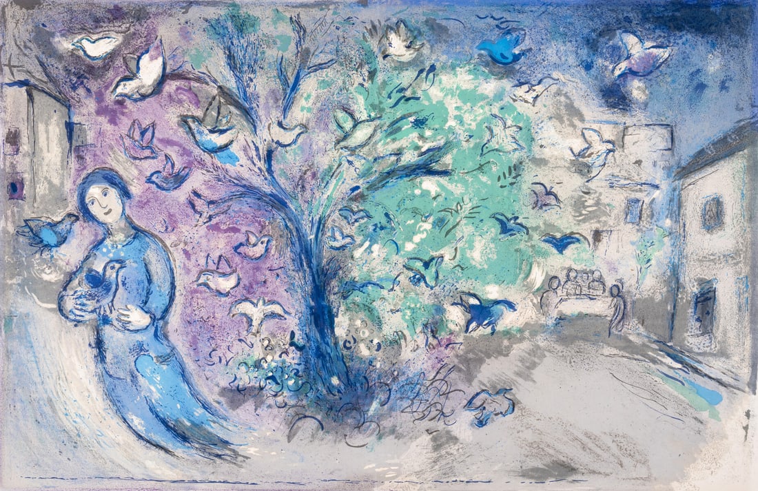 Marc Chagall (1887-1985) La Chasse aux Oiseaux, from Daphnis et Chloé (Mourlot 329; Cramer 46): Marc Chagall (1887-1985)La Chasse aux Oiseaux, from Daphnis et Chloé (Mourlot 329; Cramer 46)Lithograph printed in colours, 1961, from the edition of 250, printed by Mourlot, published by Tériade É