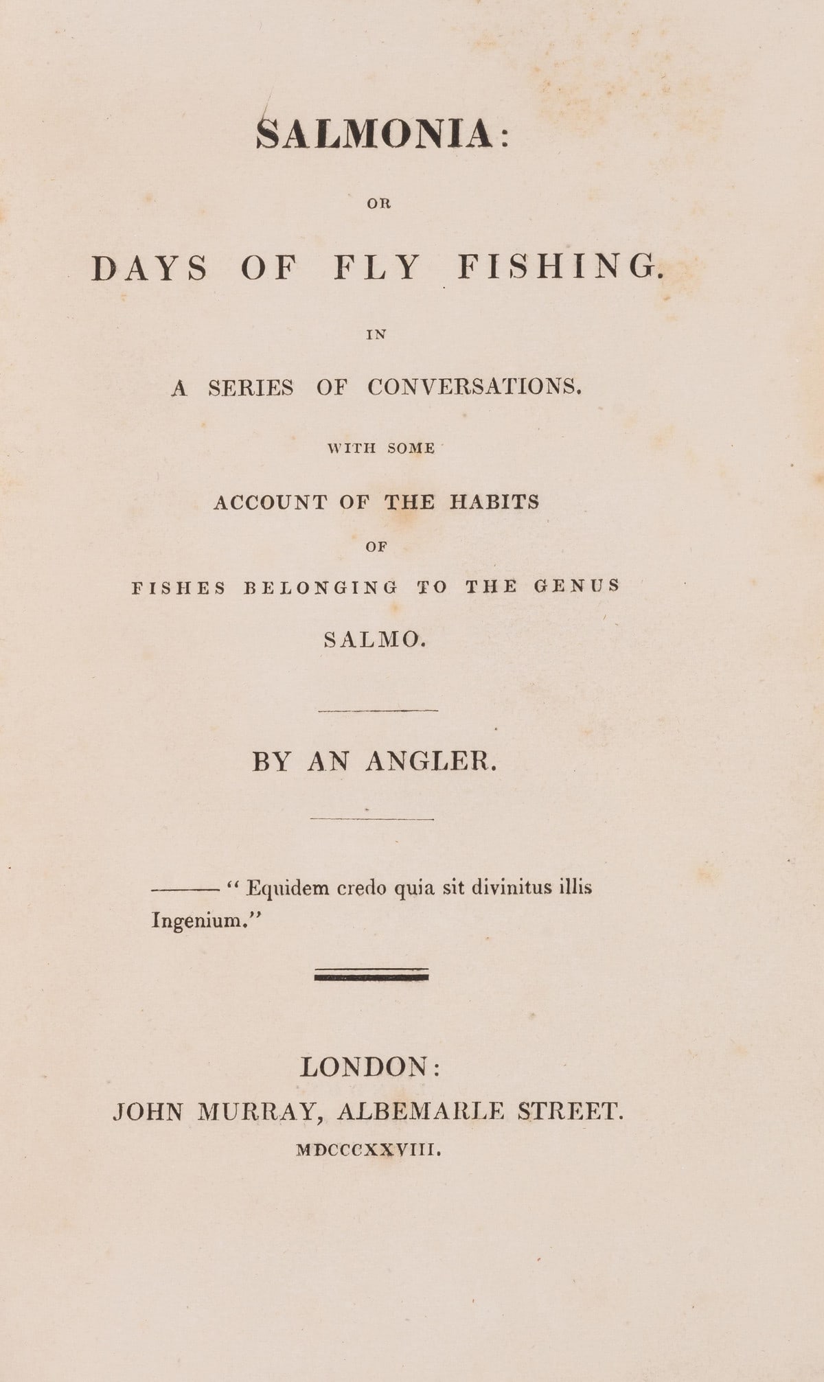 [Davy (Sir Humphry)] Salmonia: or Days of Fly Fishing, first edition, John Murray, 1828 (1 of 1)