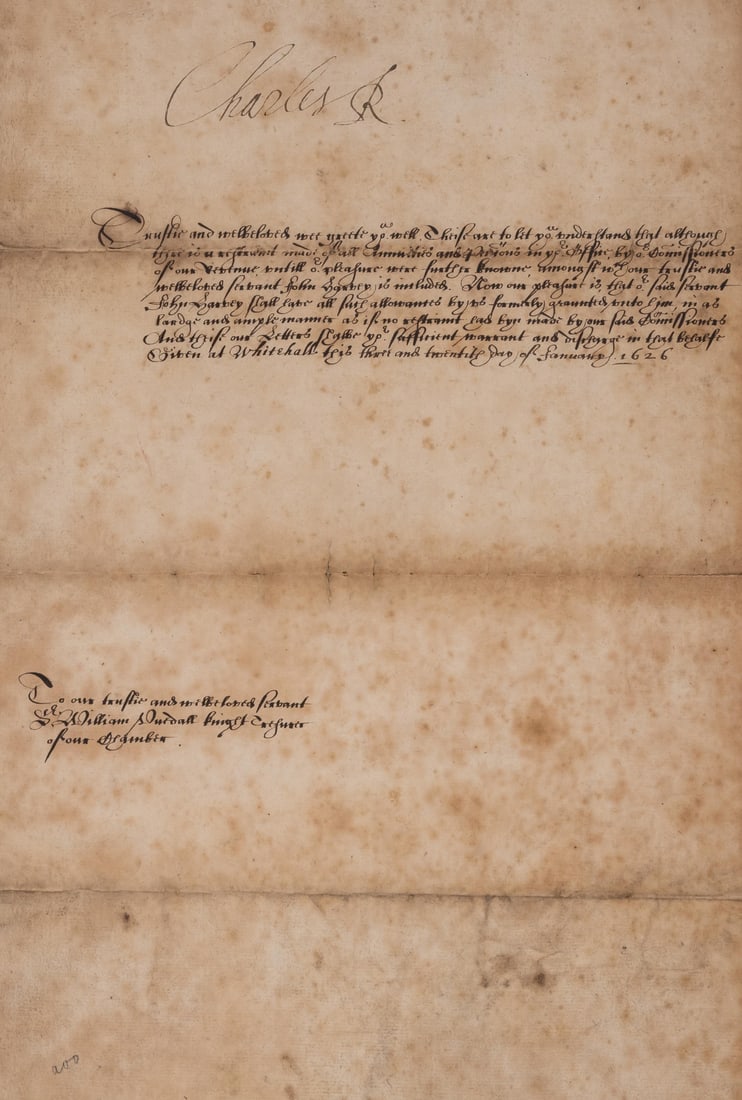Charles I (King of England) Warrant to Sir William Uvedale, Treasurer of the King's Chamber that (1 of 1)
