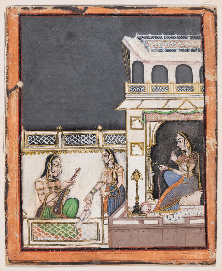 India.- Ladies on a terrace at night, playing music, smoking, and feeding a bird, Kishangarh School,: India.- Ladies on a terrace at night, playing music, smoking, and feeding a bird, opaque pigment on card, heightened with gold, 132 x 118 mm, ink markings on the reverse, 1 hole in each corner possibl