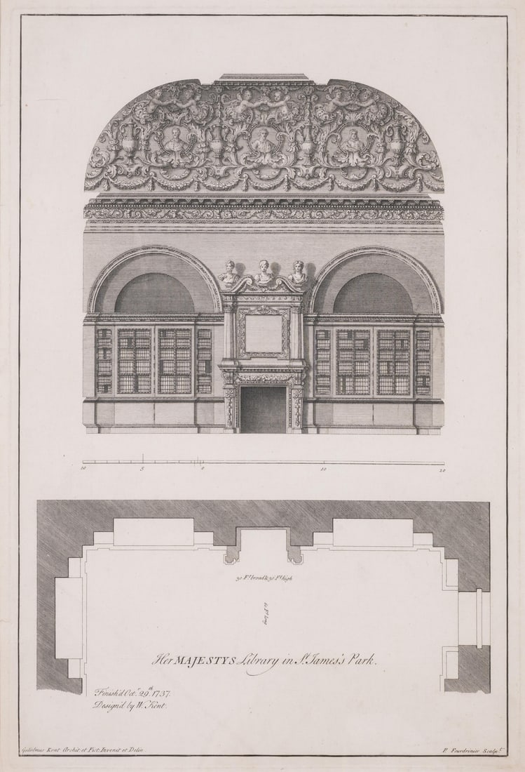 Kent (William), After. Her Majestys Library in St James's Park, after William Kent, engraving, 1737;: Kent (William), After. Her Majestys Library in St James's Park, by Paul Fourdrinier, an elevation of an interior wall of the library, engraving, platemark 395 x 265 mm (15 1/2 x 10 1/2 in), good margi