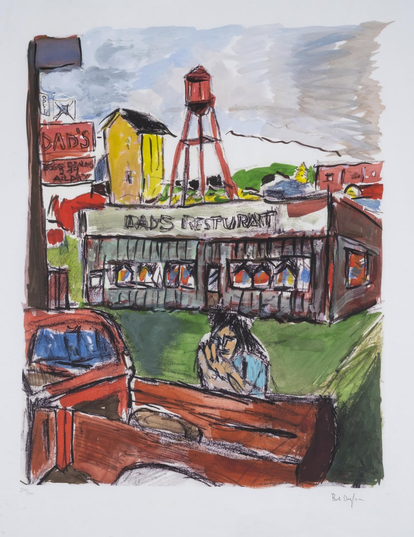 Bob Dylan (b.1941) Dad's Restaurant Bob Dylan (b.1941) Dad's Restaurant, from The Drawn Blank Series: Bob Dylan (b.1941)Dad's RestaurantBob Dylan (b.1941)Dad's Restaurant, from The Drawn Blank SeriesGiclée in colours, 2010, signed in pencil, numbered from the edition of 295, published by Washington G