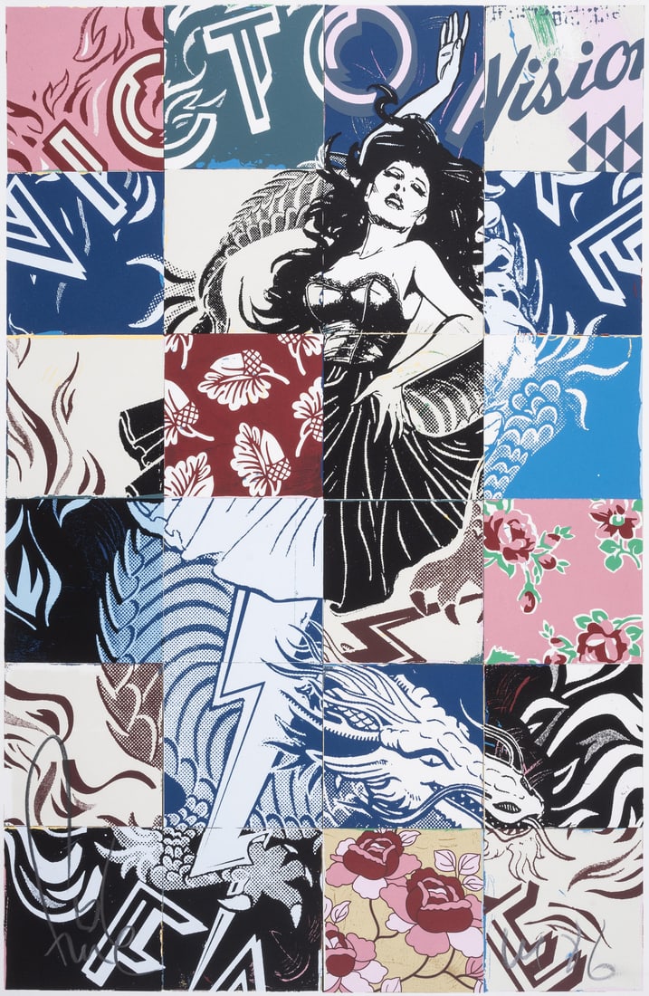 Faile (b.1975 & 1976) Visions Victoire: Faile (b.1975 & 1976)Visions VictoireScreenprint in colours, 2017, signed in pencil, with the artist's red inkstamp verso, dated with an inkstamp and numbered from the edition of 300 in pencil verso,