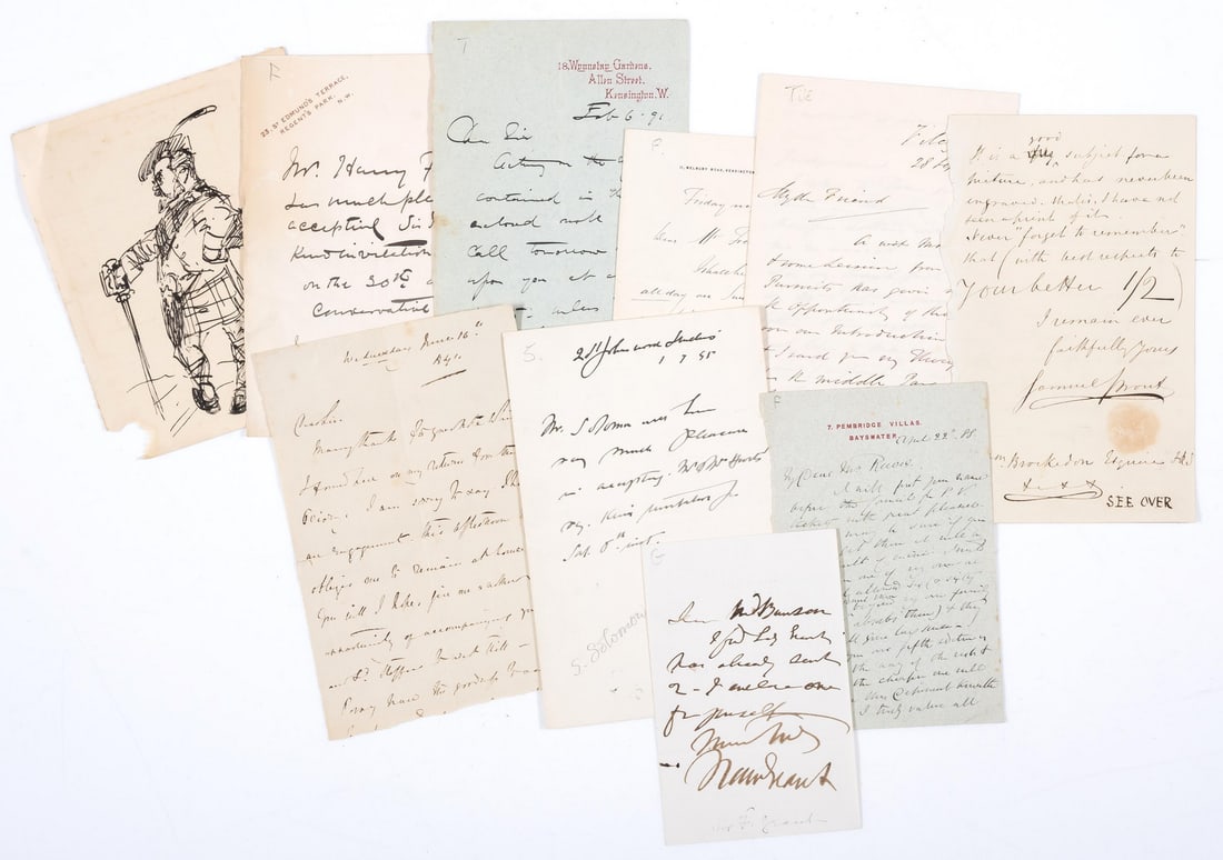 Artists.- [Collection of letters], a few third person, including: Hubert Herkomer (3); Isaac Taylor,: Artists.- [Collection of letters], a few third person, including: Hubert Herkomer (3); Isaac Taylor, Samuel Prout (2), Francis Grant, Solomon J Solomon (unsigned); W.P. Frith, William Tite, Hamo Thorn