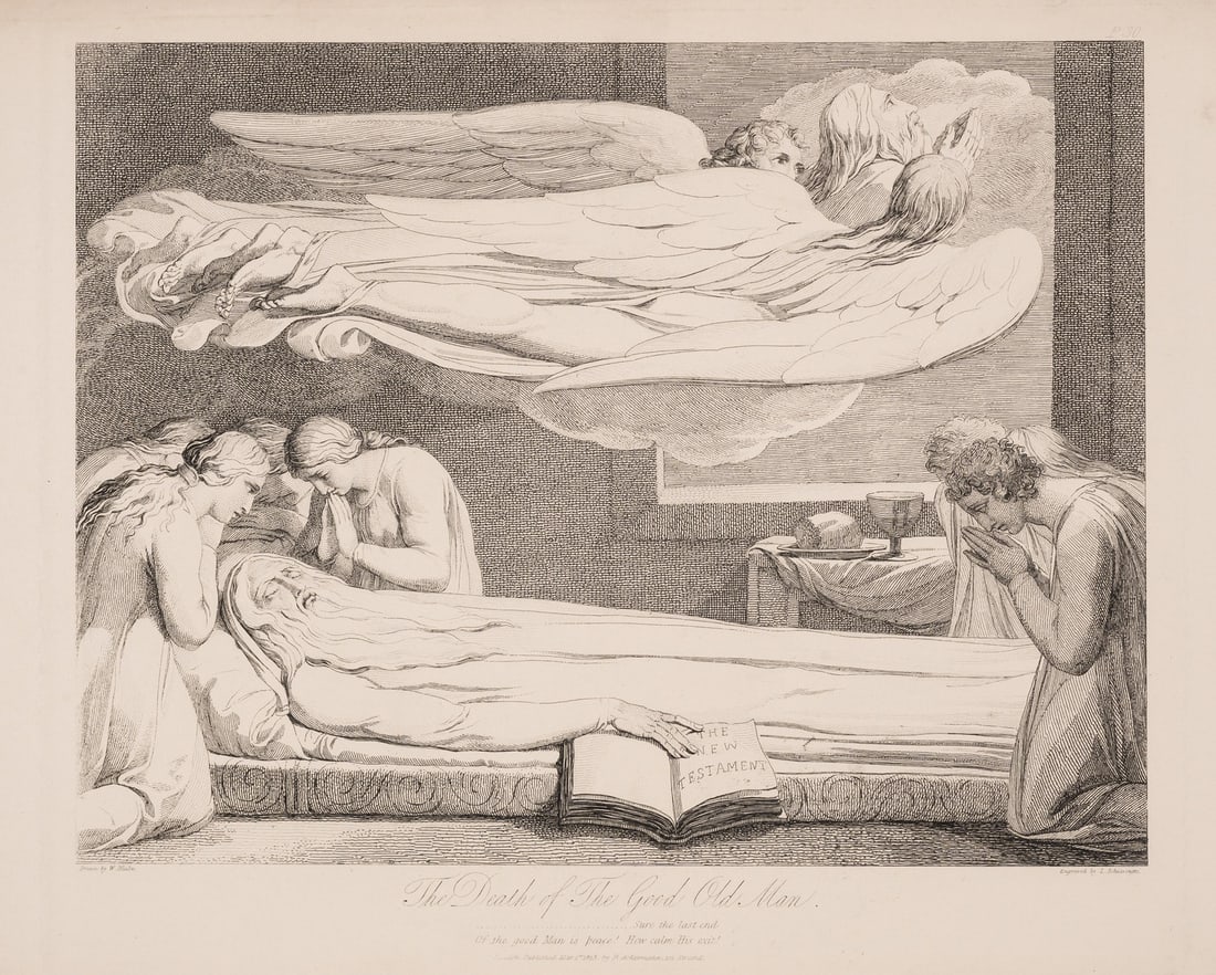 Blake (William).- Blair (Robert) The Grave. A Poem. Illustrated by twelve Etchings...From the: Blake (William).- Blair (Robert) The Grave. A Poem. Illustrated by twelve Etchings...From the Original Inventions of William Blake. 1808, plates only (as issued), engraved portrait frontispiece of Wil