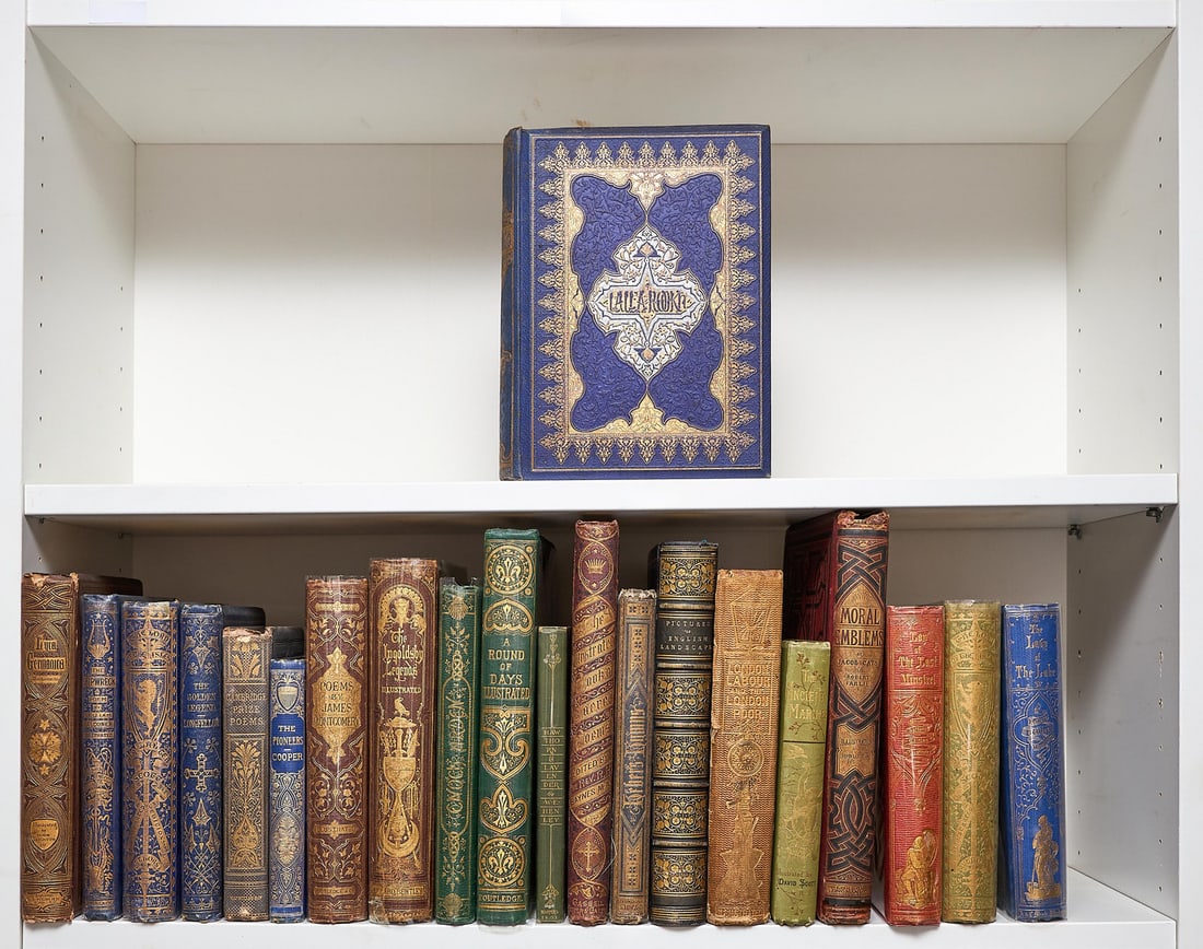 Victorian cloth designs.- Coleridge (Samuel Taylor) Ancient Mariner, 1883 & others, bright …: Victorian cloth binding designs.- Coleridge (Samuel Taylor) Ancient Mariner, illustrations by David Scott, ownership name on endpapers, Nelson &a