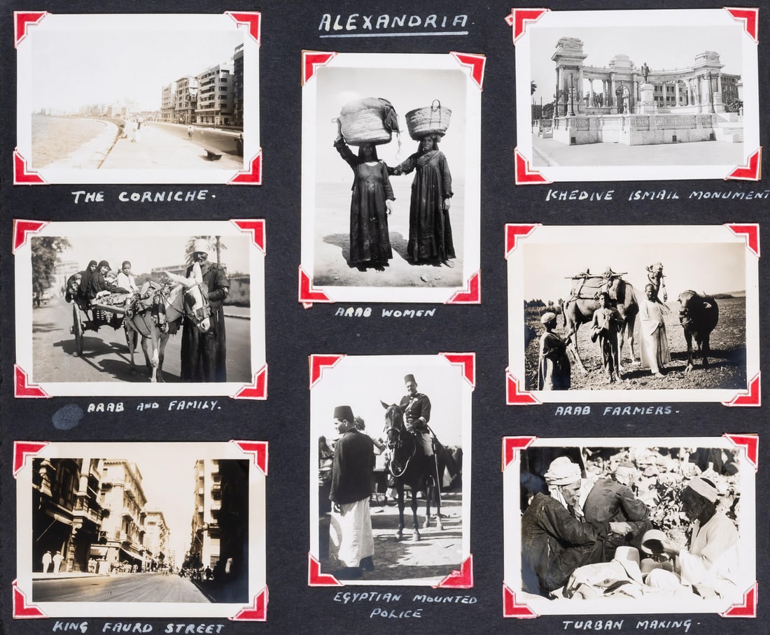 Middle East.- Album of Photographs and Postcards, c.220 vintage photographic prints and postcards,: Middle East.- [Album of Photographs and Postcards], c.220 vintage photographic prints and postcards, mounted onto stiff card, either captioned by hand or in the negative, one or t