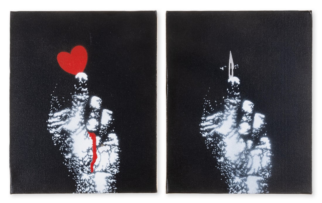 Nick Walker (b.1969) Hand and Blade & Hand and Heart: Nick Walker (b.1969)Hand and Blade & Hand and Heart A pair of acrylic and spray paint works on canvas, 2007, each signed in black pen verso, numbered 1/5 and 2/6 respectively verso, further stenci