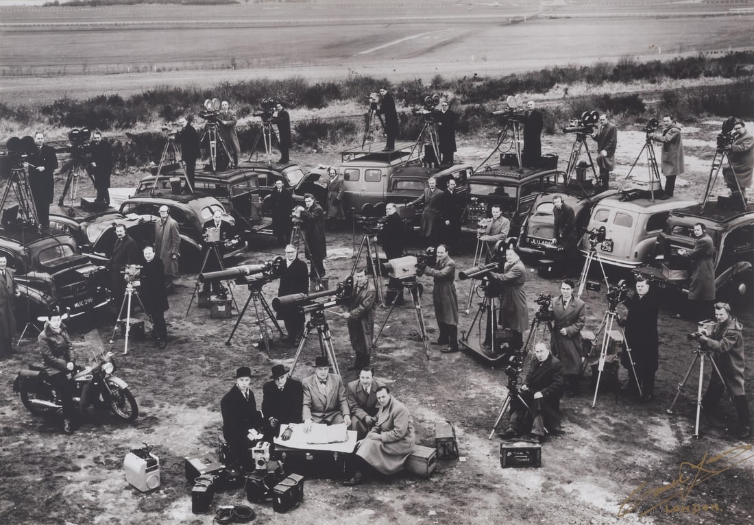 Cornel Lucas (1920-2012) Newsreel Cameramen: Cornel Lucas (1920-2012)Newsreel CameramenSilver gelatin print, 1952, printed later, signed and inscribed 'London' in gold ink, on photo paper laid on card, with the photographer's copyright credit re