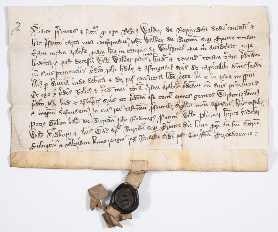 Derbyshire.- Charter, grant by Robert Walker of Repyndon [Repton] to John Walker of Burton of arable: Derbyshire.- Charter, grant by Robert Walker of Repyndon [Repton] to John Walker of Burton of arable land in the fields of Wylygmer [?Willington], witnesses: Henry Sadeley, William Su