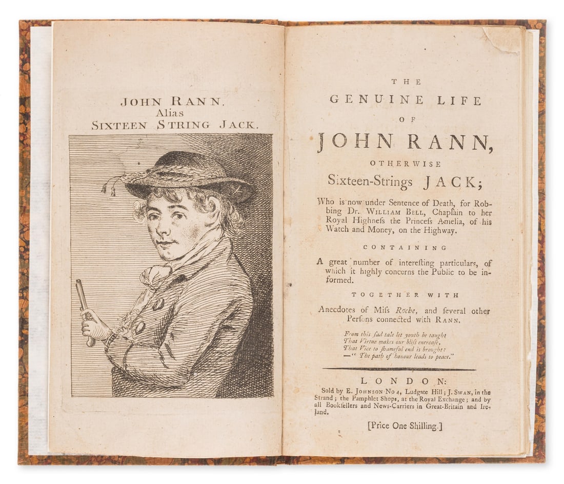 Criminals.- Genuine Life of John Rann (The), Otherwise Sixteen-Strings Jack..., E. Johnson, [?1774];: Criminals.- Genuine Life of John Rann (The), Otherwise Sixteen-Strings Jack; Who is now under Sentence of Death, for Robbing Dr. William Bell..., engraved portrait frontispie