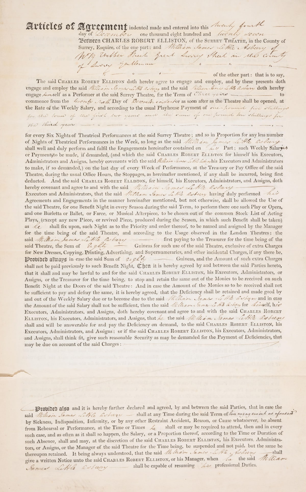 Theatre.- Contract between Charles Robert Elliston of the Surrey Theatre and William James Little: Theatre.- Contract between Charles Robert Elliston of the Surrey Theatre and William James Little Asbury, Engaging him as Performer for the Term of three years, printed contract w