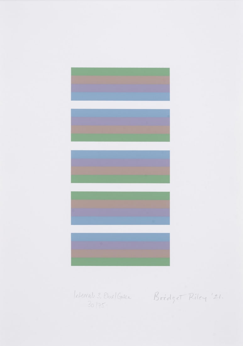 Bridget Riley (b.1931) Intervals 3, Blue/Green (Not in Tommasini & Gubay): Bridget Riley (b.1931)Intervals 3, Blue/Green (Not in Tommasini & Gubay)Screenprint in colours, 2021, signed, dated and titled in pencil, numbered from the edition of 75, printed by Sally Gimson,