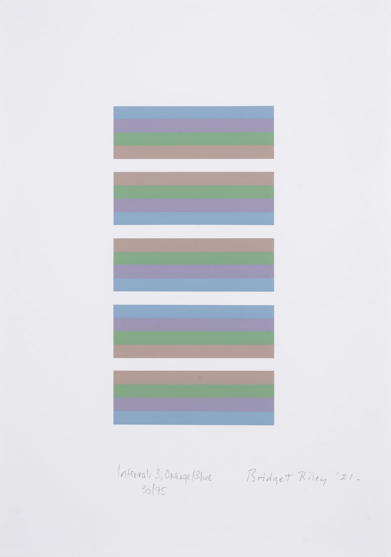 Bridget Riley (b.1931) Intervals 3, Orange/Blue (Not in Tommasini & Gubay): Bridget Riley (b.1931)Intervals 3, Orange/Blue (Not in Tommasini & Gubay)Screenprint in colours, 2021, signed, dated and titled in pencil, numbered from the edition of 75, printed by Sally Gimson,