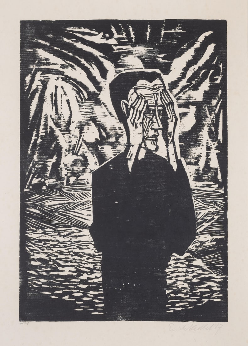 Erich Heckel (1883-1970) Mann In Der Ebene (Rathenau 305): Erich Heckel (1883-1970)Mann In Der Ebene (Rathenau 305)Woodcut, 1917, signed and dated in pencil, a proof before the edition of 40, on wove paper, with full margins, sheet 615 x 508mm (24 1/4 x 20in)