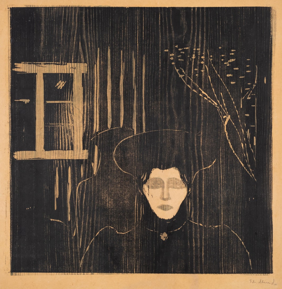 Edvard Munch (1863-1944) Moonlight II (Schiefler 81B; Woll 202.I): Edvard Munch (1863-1944) Moonlight II (Schiefler 81B; Woll 202.I) The rare woodcut printed from two blocks in black and grey, 1902, a strongly richly inked impression of Woll's first state, signed in