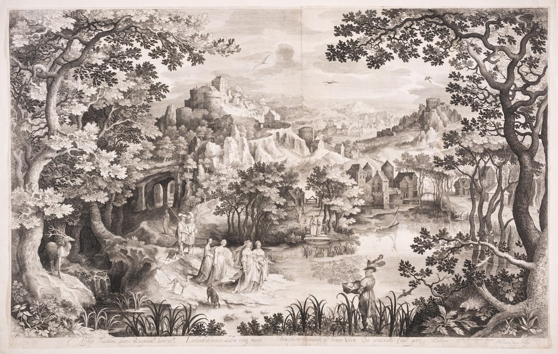 Nicolaes de Bruyn (circa 1571-1656) The Finding of Moses, after Gillis van Coninxloo (1544-1607): Nicolaes de Bruyn (circa 1571-1656)The Finding of Moses, after Gillis van Coninxloo (1544-1607)Engraving, 1601, a beautiful well inked impression on thick laid paper, with little to no sign of wear in