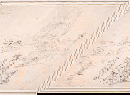 Giovanni Francesco Grimaldi (1606–1680) Landscape with shepherds kneeling before a term: Giovanni Francesco Grimaldi (1606–1680)Landscape with shepherds kneeling before a termPen and brown ink, 17th century, on thick laid paper without watermark, pencil attribution to Grimaldi verso