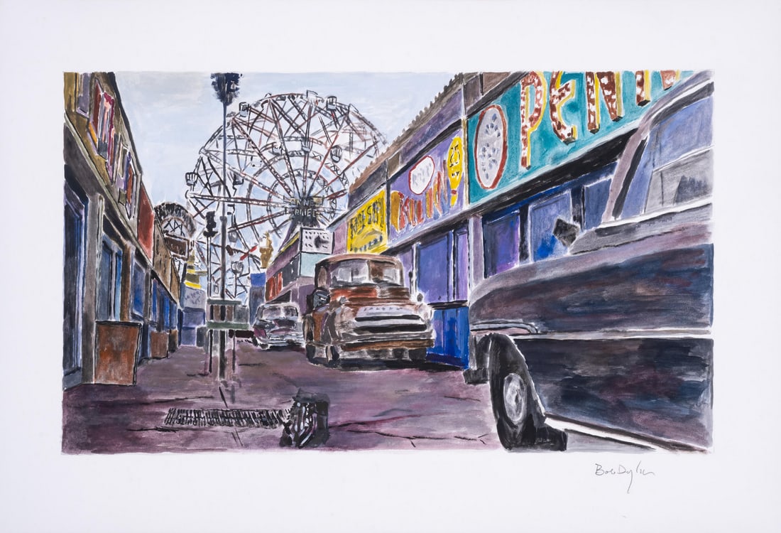 Bob Dylan (b.1941) Amusement Park Alleyway (Unique Watercolour): Bob Dylan (b.1941) Amusement Park Alleyway (Unique Watercolour) Watercolour, 2016, signed in pencil, also signed in watercolour verso, on wove paper, sheet 397 x 610mm (15 5/8 x 24in)Provenance: Halcy