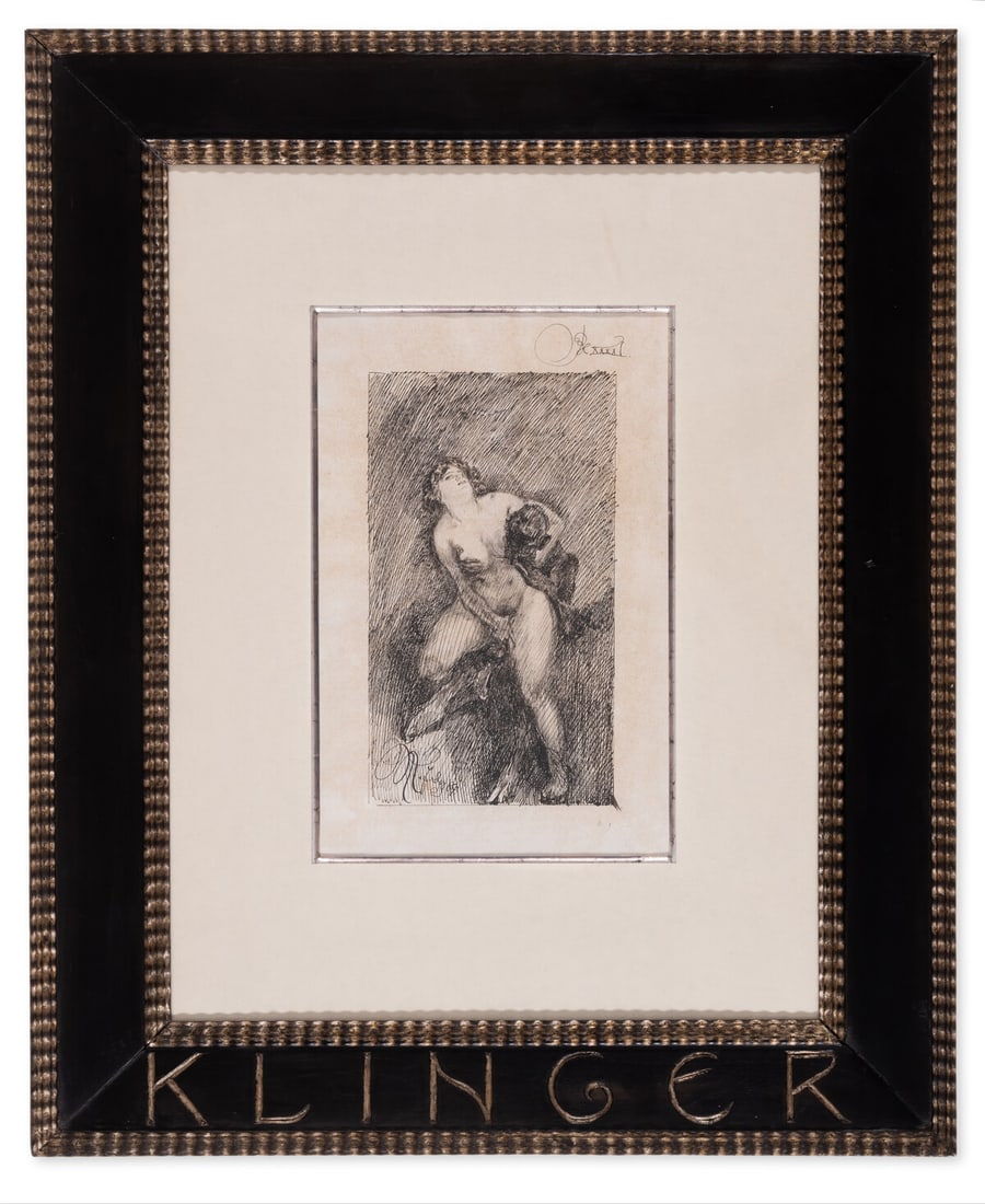 Max Klinger (1857-1920) Weiblicher Akt mit Faun, pen and ink, 1889: Max Klinger (1857-1920)Weiblicher Akt mit Faun, or Female nude with faunPen and black ink, signed with initials and dated 'MK 7.Aug 89' in the lower left corner, indis