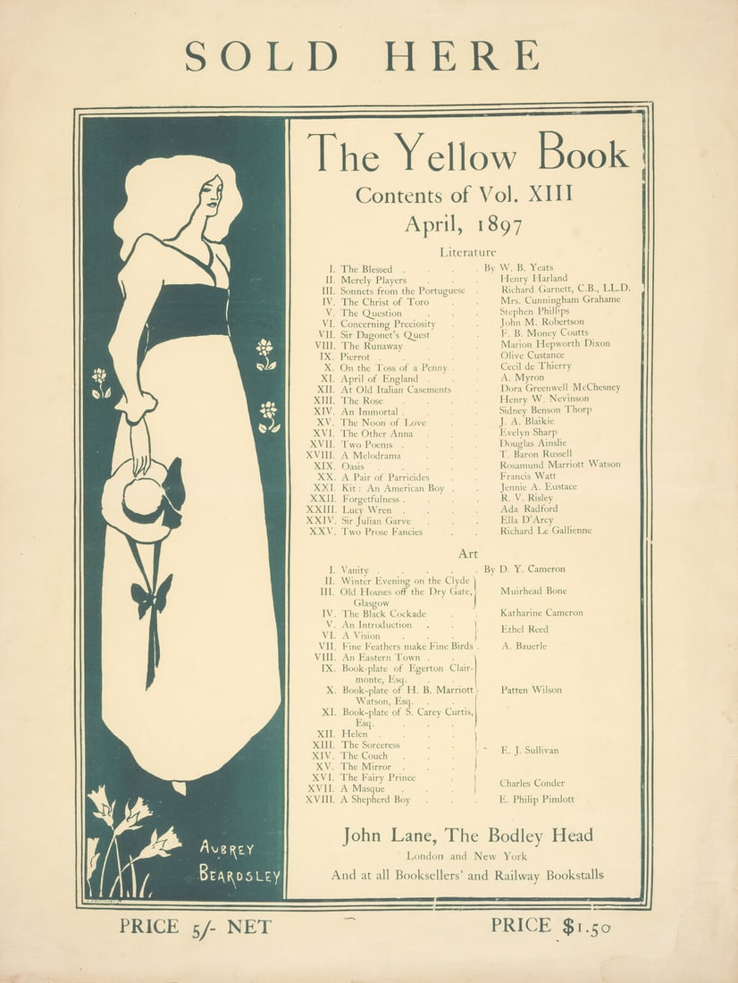 Aubrey Beardsley (1872-1898), After. Original advertising poster for The Yellow Book, Vol. XIII,: Aubrey Beardsley (1872-1898), After.Original advertising poster for The Yellow Book, Vol. XIII, April, 1897Printed in blue on yellow paper, with printer's name 'C. Hen