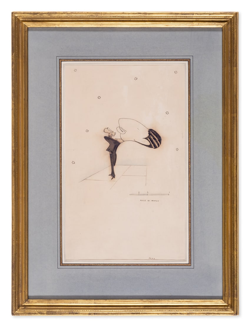 Max Beerbohm (1872-1956) Portrait of Marc-André Raffalovich (1864-1934), holding opera glasses and: Max Beerbohm (1872-1956)Portrait of Marc-André Raffalovich (1864-1934), holding opera glasses and looking up to the starsPen and black ink, grey wash, coloured cray