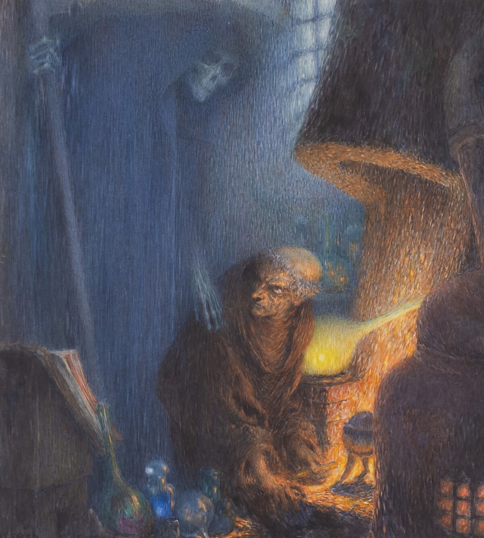 Heinrich Lefler (1863-1919) Berthold Schwarz, or Death Meeting the Alchemist, watercolour and: Heinrich Lefler (1863-1919)Berthold Schwarz, or Death Meeting the AlchemistWatercolour and bodycolour, signed lower left, sheet 235 x 215 mm (9 1/4 x 8 1/2 in), under