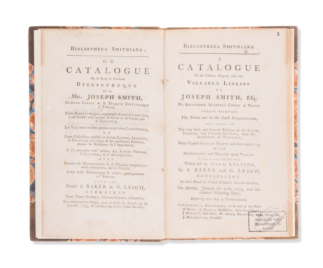 Consul Joseph Smith.- Bibliotheca Smithiana A catalogue of the curious, elegant, and very valuable: Consul Joseph Smith.- Bibliotheca Smithiana. A catalogue of the curious, elegant, and very valuable library of Joseph Smith...Which will be sold by auction, by S. Baker and G. Leigh, ... on