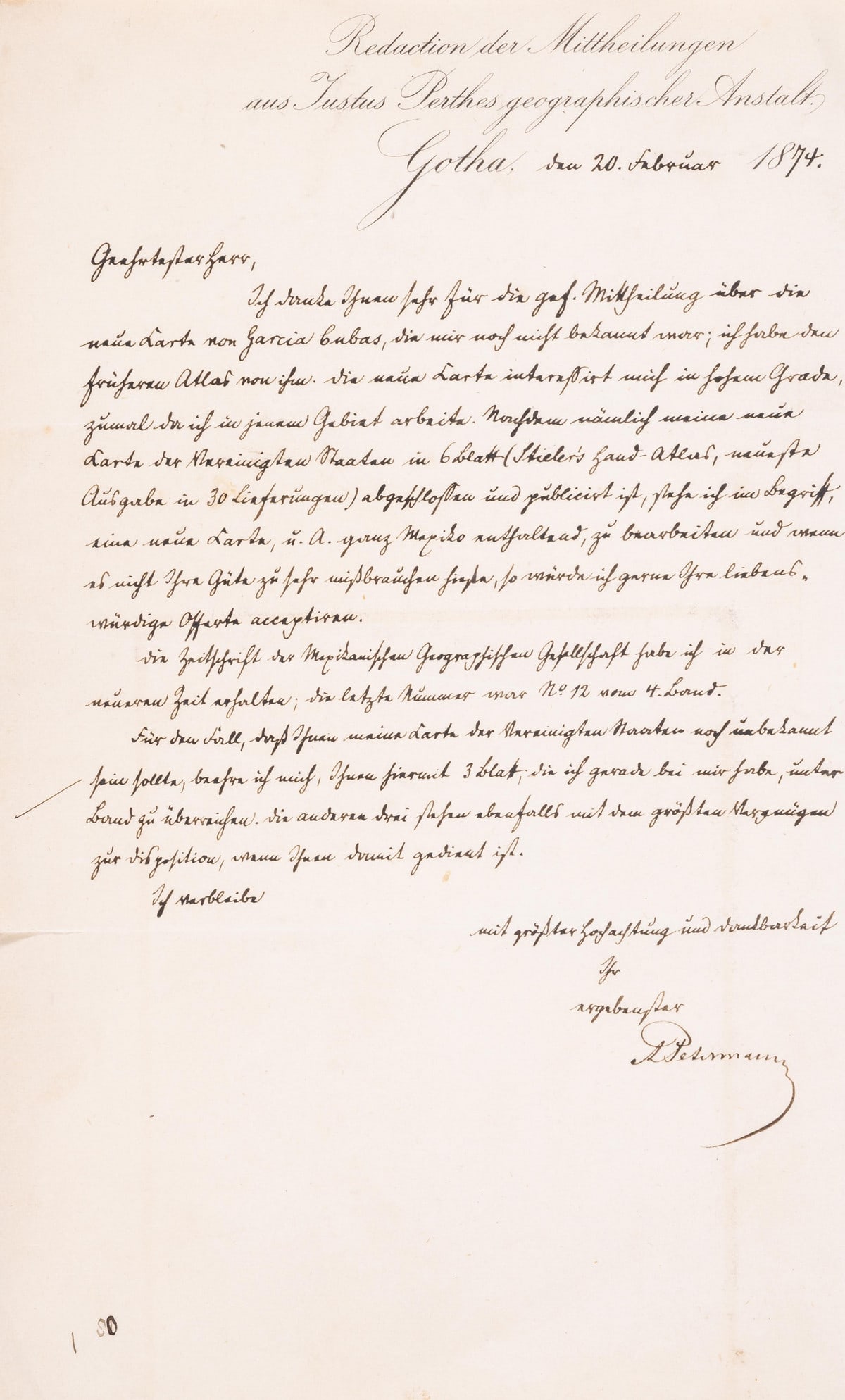 Cartographers.- Petermann (Augustus Heinrich, German cartographer, 1822-1878) Autograph Letter (1 of 1)