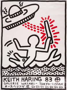 Keith Haring (1958-1990) Galerie Watari Tokyo (Döring 5): Keith Haring (1958-1990)Galerie Watari Tokyo (Döring 5)Offset lithograph printed in black and red, 1983, published by On Sundays Publications, Tokyo, on pearlescent Japon nacré paper, the