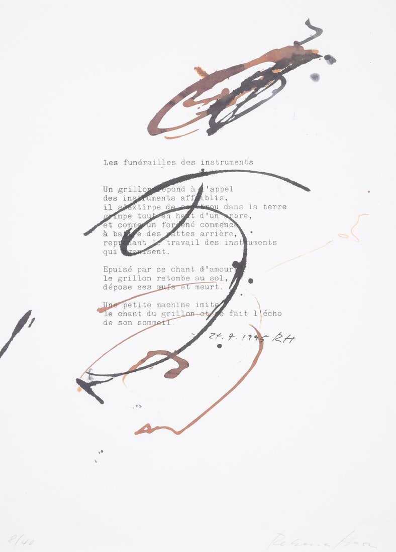 Rebecca Horn (1944-2024) Les funérailles des instruments: Rebecca Horn (1944-2024) Les funérailles des instruments Offset lithograph printed in colours, 1995, signed in pencil, numbered from the edition of 40, on wove paper, the full sheet printed to