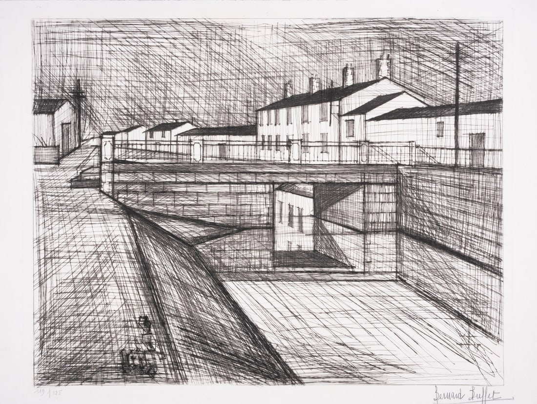 Bernard Buffet (1928-1999) Le Canal (Sorlier 9): Bernard Buffet (1928-1999) Le Canal (Sorlier 9) Etching, 1955, signed in pencil, numbered from the edition of 125, printed by Atelier Lacourière-Fr&ea