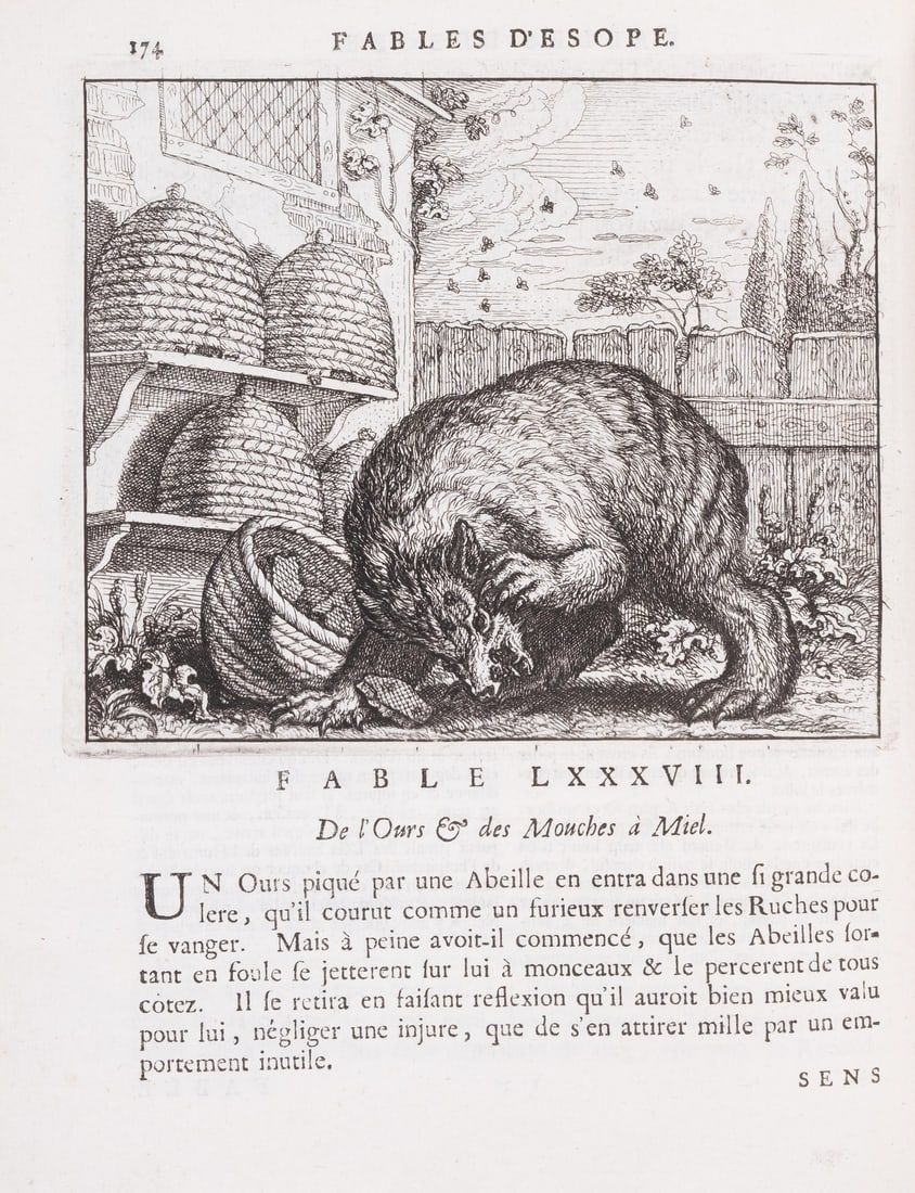 Aesop. Les Fables d'Esope..., engraved illustrations after Francis Barlow, Amsterdam, Etienne Roger,: Aesop. Les Fables d'Esope, & de plusieurs autres excellens Mythologistes, engraved frontispiece, title in red & black, 27 full-page illustrations of Aesop and 108 illustra