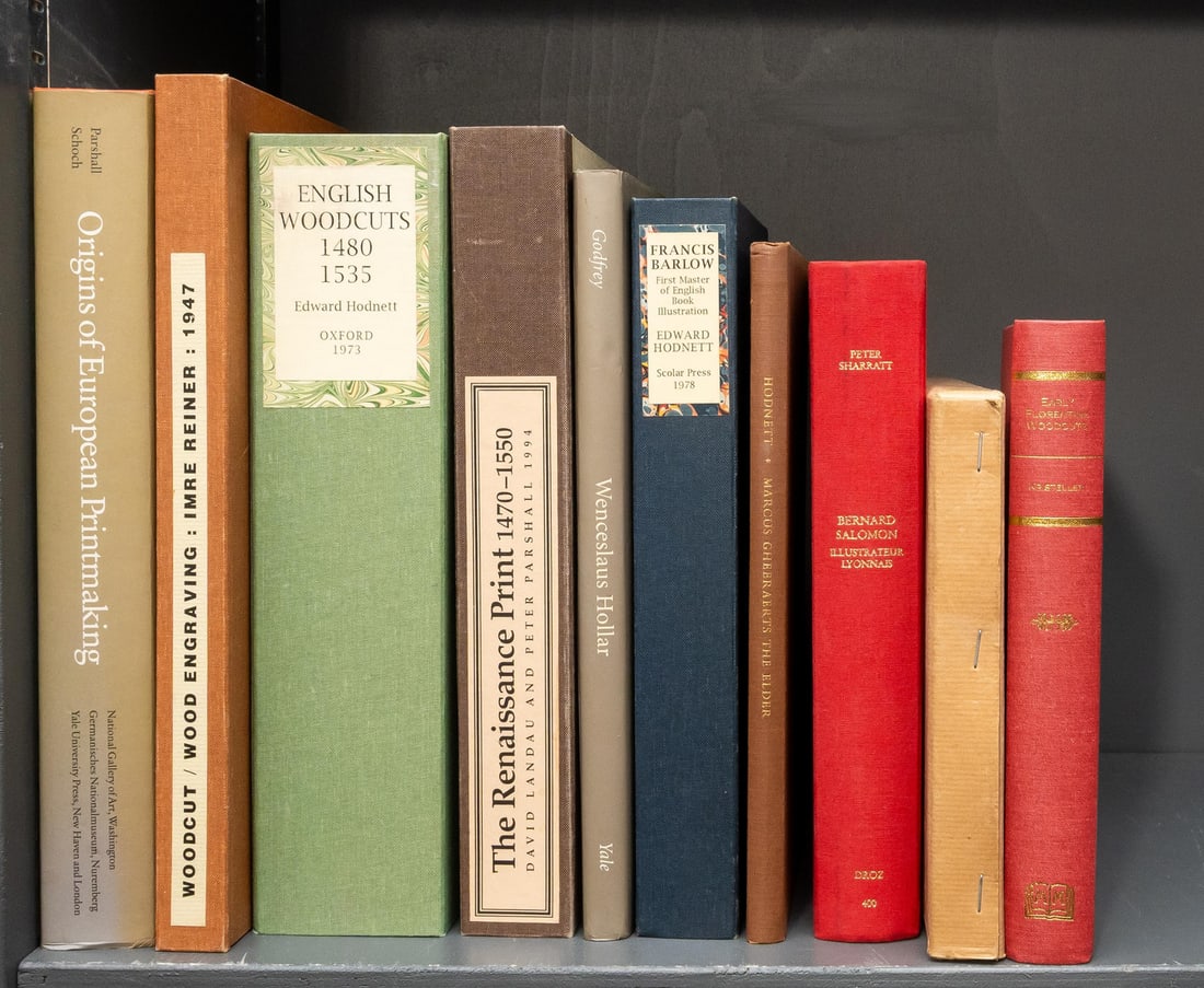 Prints.- Hodnett (Edward) English Woodcuts 1480-1535, Oxford, 1973 & others on early woodcuts and: Prints.- Hodnett (Edward) English Woodcuts 1480-1535, modern morocco-backed pictorial boards drawn in pen & ink, Oxford, 1973; Francis B