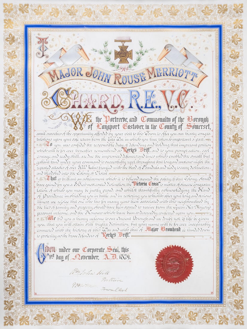 Rorke's Drift.- Chard (John Rouse Merriott).- Illuminated address presented by "The Borough of: Rorke's Drift.- Chard (John Rouse Merriott, Royal Engineers, V.C., 1847-97).- Illuminated address presented by "The Borough of Langport, Eastover [Somerse