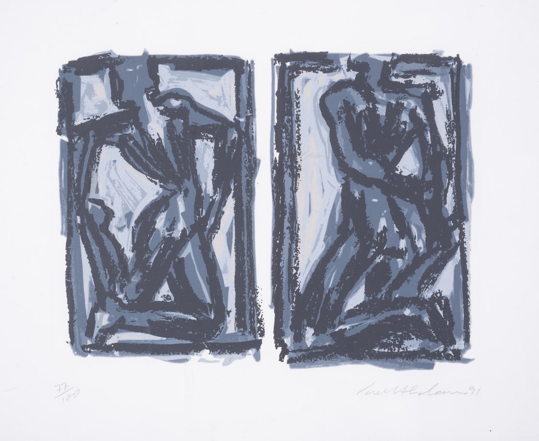 Ivor Abrahams (1935-2015) Two Figures Two Movements, from Chelsea Arts Club Centenary Portfolio 1991: Ivor Abrahams (1935-2015) Two Figures Two Movements, from Chelsea Arts Club Centenary Portfolio 1991 Screenprint in colours with embossing, 1991, signed in pencil, an artist's proof aside from the edi