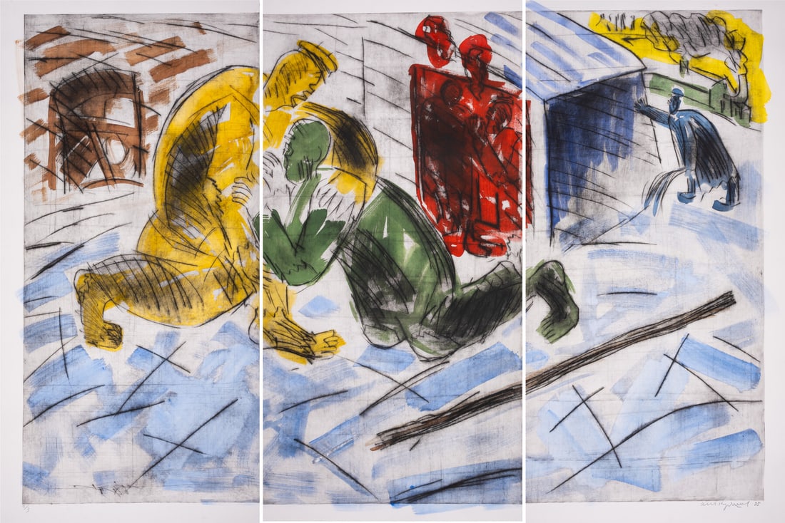 Oleg Kudryashov (1932-2022) The Prodigal Son, no.2363 (Triptych): Oleg Kudryashov (1932-2022) The Prodigal Son, no.2363 (Triptych) The triptych etchings with aquatint printed in colours, 1995, signed, dated and inscribed '2363' in pencil, numbered '3/3' in pencil, p