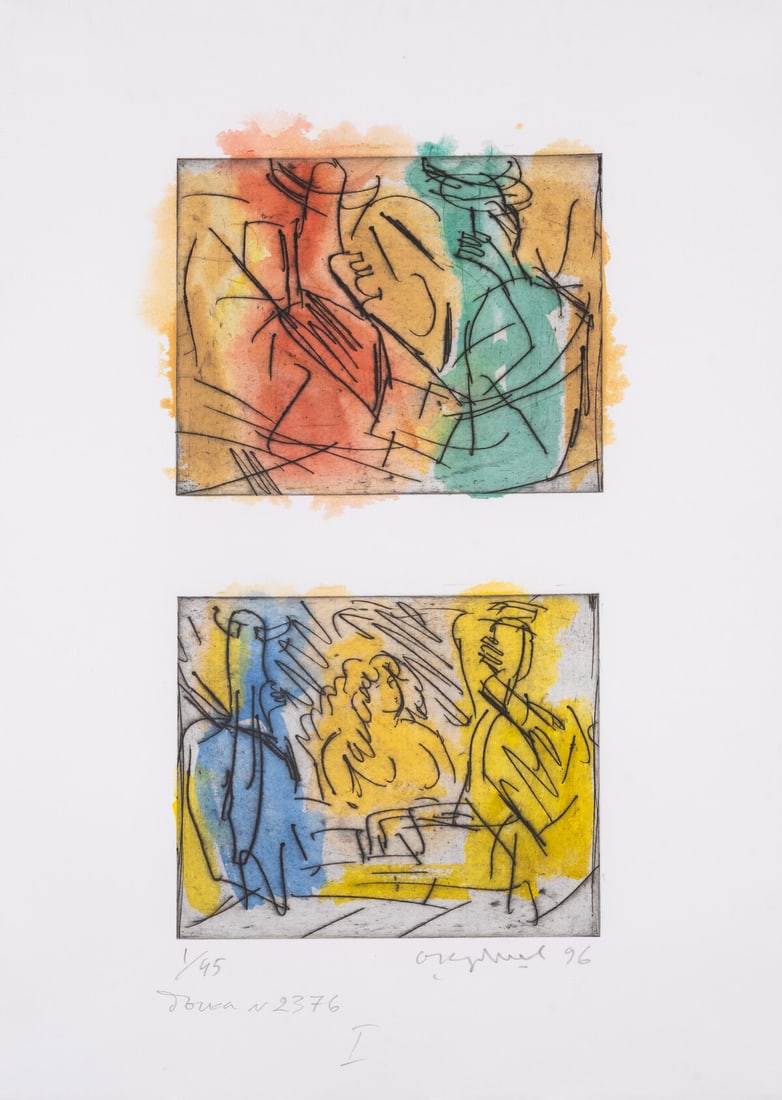 Oleg Kudryashov (1932-2022) Untitled, No. 2376 I: Oleg Kudryashov (1932-2022) Untitled, No. 2376 I Etching with aquatint extensively hand-coloured with watercolour, 1996, signed, titled and dated in pencil, numbered from the edition of 45, printed an